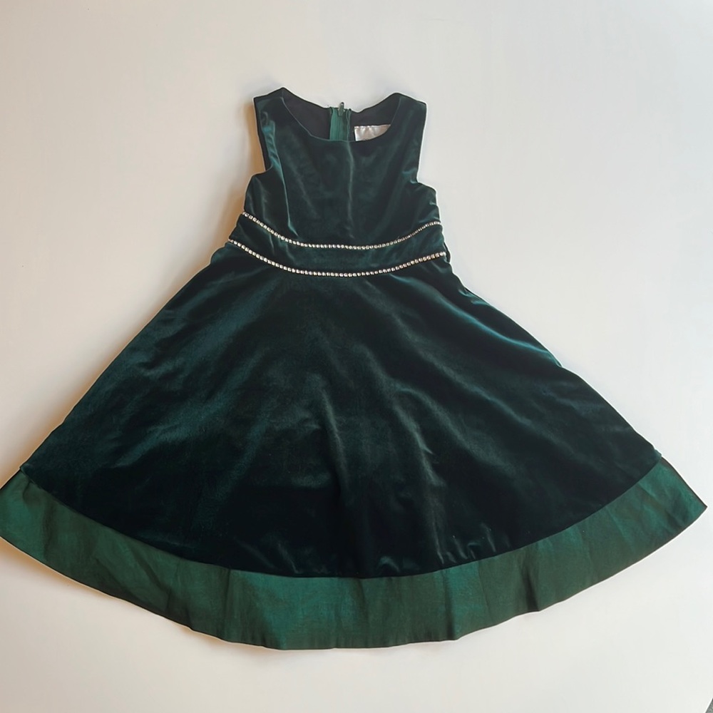 Rare Editions Emerald Green Velvet Bow-Waist girls dress in size 5